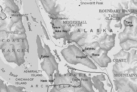 Auke Bay is located below the word 'Auke Bay'