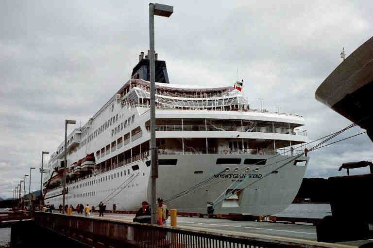 Norwegian Wind in Ketchikan.  Note the open railing on the promenade deck (7) and the deck above (8)