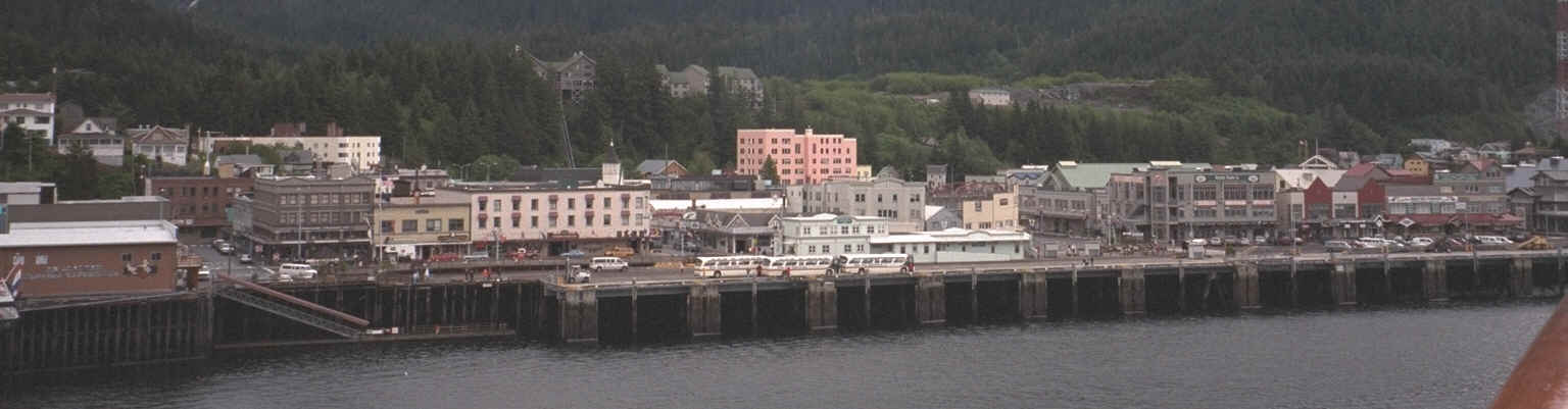 View of dock and Kechikan, when arriving at Ketchikan.