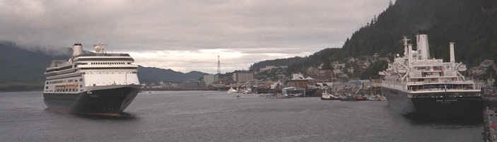 Ketchikan: The Volendam (left) and the Nieuw Amsterdam (right).  As seen from the stern of the Norwegian Wind.