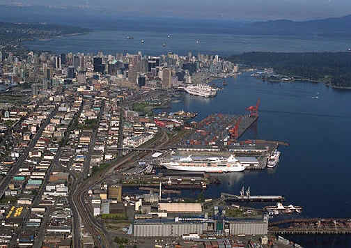 Ballantyne Pier in foreground (Royal Caribbean Vision of the Seas at pier), Canada Place and downtown Vancouver in background