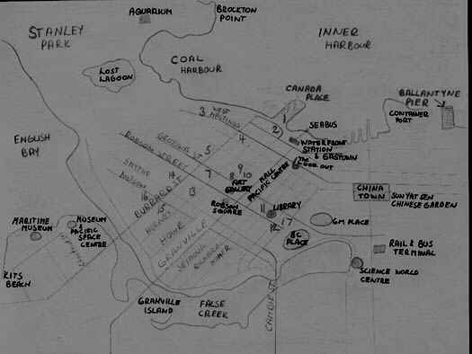 Map of Downtown Vancouver.  Ballantyne Pier and Canada Place are shown on this map.