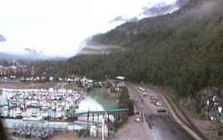 Skagway as seen from the Dawn Princess (same position as in adjacent picture.)  The cliff with ship signs is visible in the right of the picture.